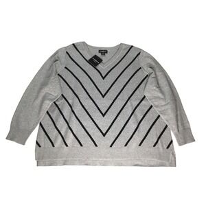 Liz Claiborne Woman Gray Black Chevron‎ Stripe V Neck Sweater 3X Plus